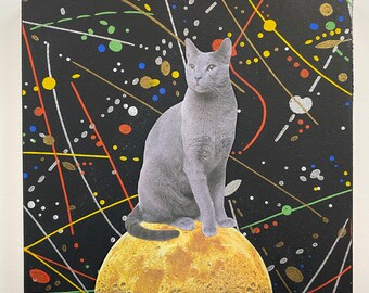 Grey Cat Sitting on the Moon Collage-Original Mixed Media on Wood-Shower-Housewarming Birthday Gift-Father's Day