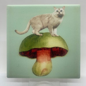 Cat on Mushroom Coaster-Ceramic/Cork Backed-Housewarming/Holiday Gift image 2