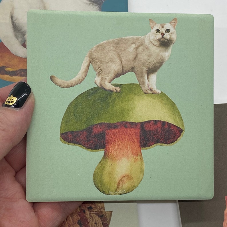 Cat on Mushroom Coaster-Ceramic/Cork Backed-Housewarming/Holiday Gift image 4