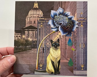 Siamese Cat at San Francisco City Hall-Collage on Paper-Original Collage Art-Father's/Mother's Day-Housewarming Gift-Wedding Gift
