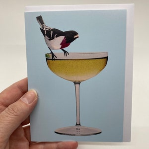 Grosbeak Bird on Champagne Glass Greeting Card-Vintage Coup Bicchiere da cocktail