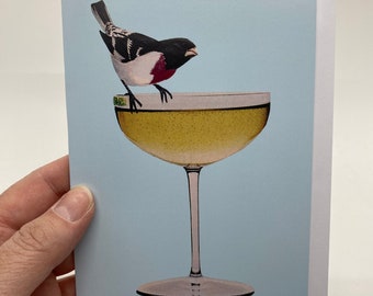 Grosbeak Bird on Champagne Glass Greeting Card-Vintage Coup Cocktail Glass