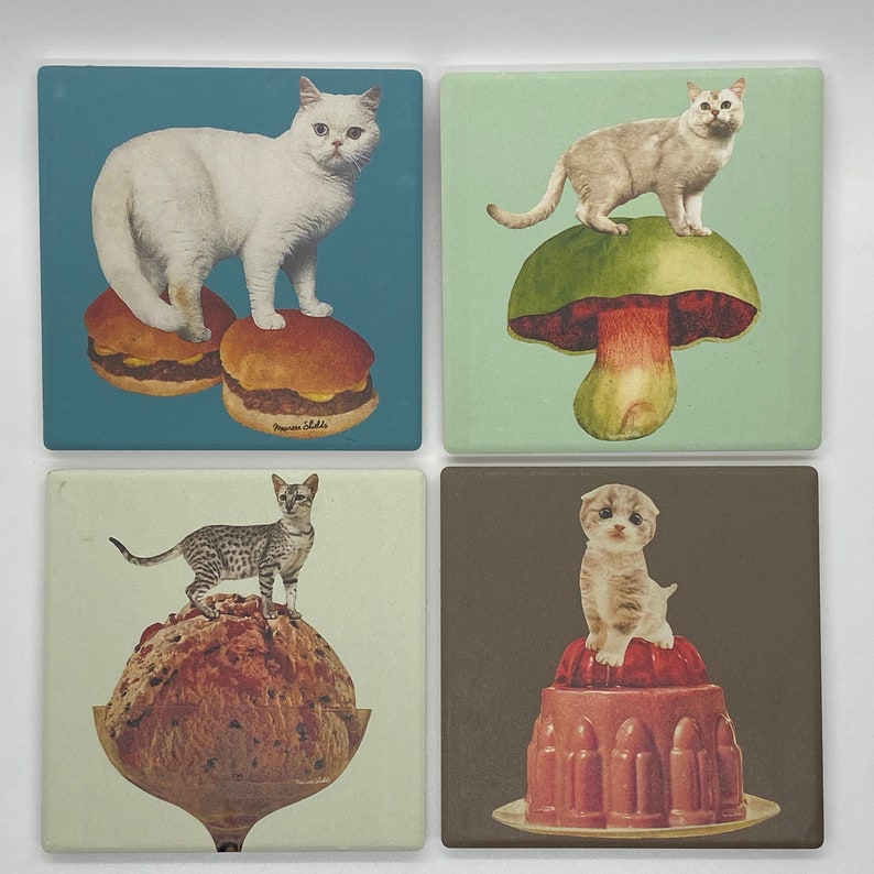 Cat on Mushroom Coaster-Ceramic/Cork Backed-Housewarming/Holiday Gift image 3