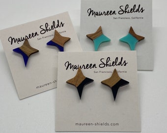 Pair of Wood & Resin Vintage Star Earrings-3 Colors Available-Stocking Stuffer-Mother's Day-Birthday Gift