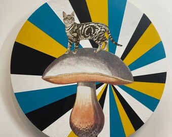 Tabby Cat on Mushroom-Original Artwork on Wood-Shower-Housewarming Birthday Gift-Father's Day-Holiday Gift