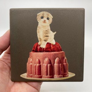 Sottobicchiere con stampo a forma di gatto su gelatina, in ceramica/sughero, regalo per inaugurazione della casa/festività
