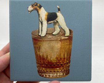 Airedale Dog on Cocktail Coaster-Ceramic/Cork Backed-Housewarming/Holiday Gift-Valentine's Day-Terrier