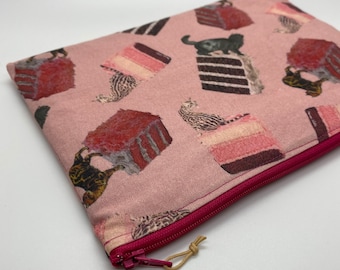 Zipper Pouch-Cats on Cake Pattern-Pink-Hold Everything Hand Sewn Pouch-Housewarming-Holiday-Mother's Day Gift-Stocking Stuffer