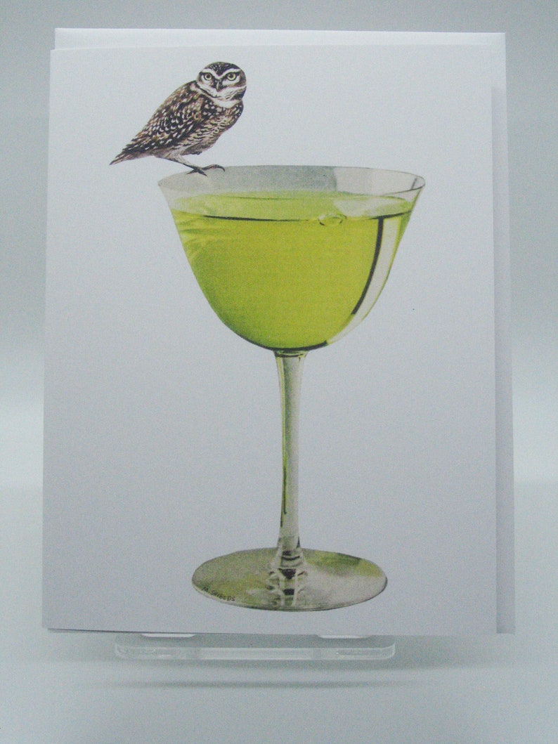 Owl on Chartreuse Cocktail Glass Greeting Card image 1