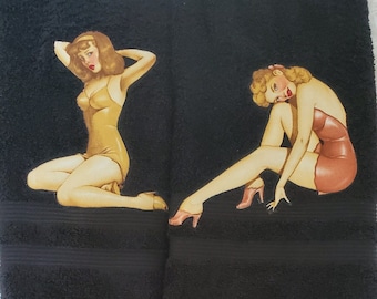 ON SALE, Pin up girl hand towel/soft black towel/vintage girl/kitchen/bath/ gift ideas