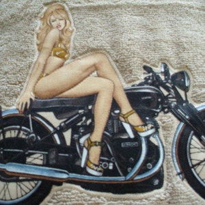 ON SALE,Vintage Motorcycle pin up girls on taupe color bath towels/gift ideas/retro style