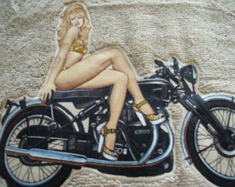 ON SALE,Vintage Motorcycle pin up girls on taupe color bath towels/gift ideas/retro style