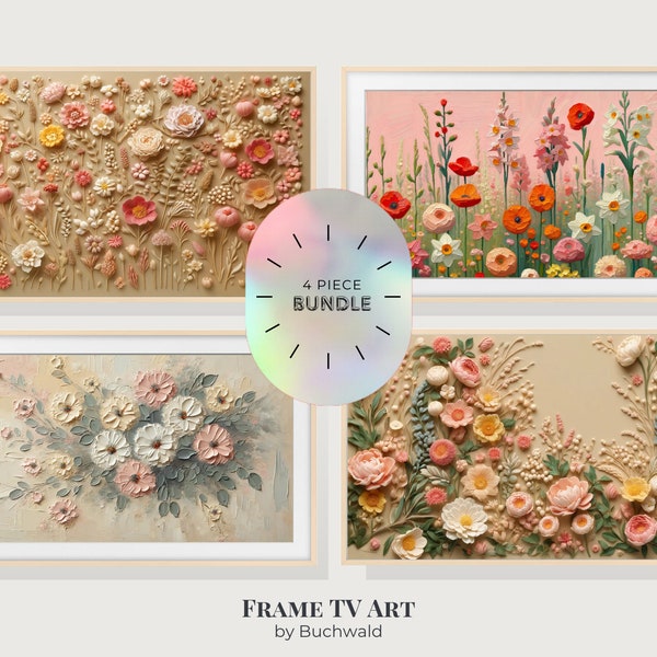 Samsung Frame TV Art | Set of 4 textured impasto oil paintings & 3D pieces | Pink and Neutral Floral Bundle | Instant digital download image