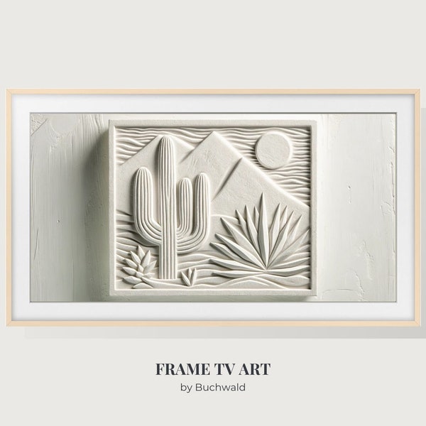 Samsung Frame TV Art |  Textured Desert, Cactus, Agave, Neutral Tone | White on White 3D | Instant Digital Download Image