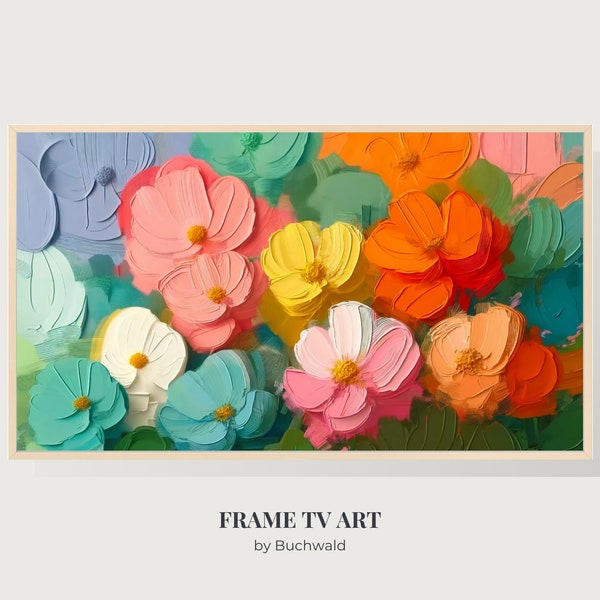 Samsung Frame TV Art | Textured Impasto Oil Painting of Colorful Abstract Flowers | Textured Paint | Instant Digital Download Image