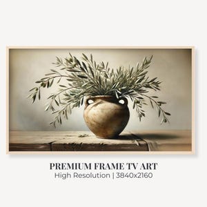 Samsung Frame TV Art | Rustic Painting of Olive Tree Branches in Vase | Neutral Tones | Mediterranean | Instant Digital Download Image
