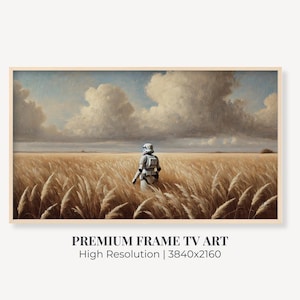 May include: A white stormtrooper figure walks through a field of tall, golden grass under a cloudy sky. The figure is wearing a white helmet and armor. The sky is a light blue with white clouds. The grass is a light brown color.