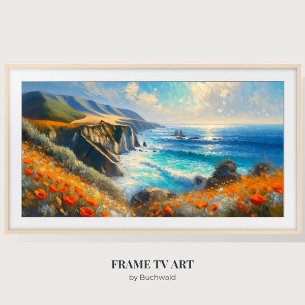 Samsung Frame TV Art | Textured Impasto Oil Painting of Coast with Flowers | Textured Paint | Instant Digital Download Image