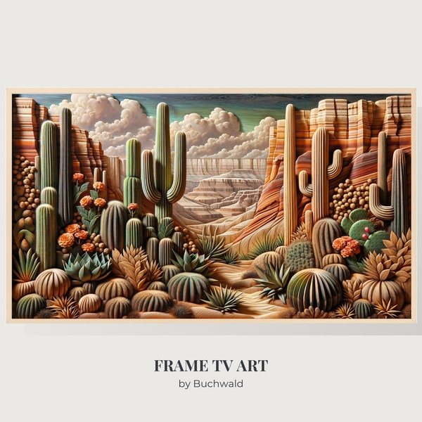 Samsung Frame TV Art | Textured Painted Wood Carving of Arizona Desert | 3D | Instant Digital Download Image