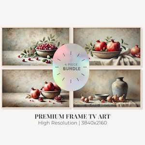 Peut inclure: Un ensemble de quatre impressions d'art encadrées représentant des natures mortes de grenades et d'autres fruits dans des bols sur un fond texturé. Le texte "4 PIECE BUNDLE" est visible au centre de l'image.