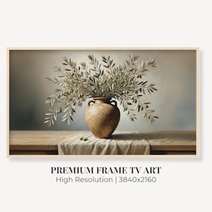 Samsung Frame TV Art | Still Life Painting of Olive Tree Branches in a Vase | Vintage Botanical Painting | Instant Digital Download Image