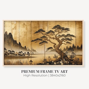 May include: A digital art print of a Japanese landscape with a large pine tree in the foreground and mountains in the background. The print is in shades of gold, brown, and black.
