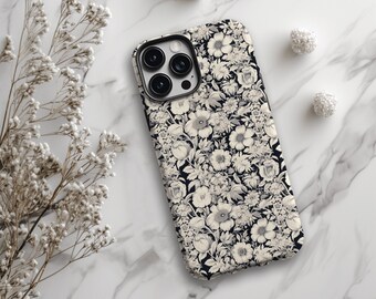 Blue Floral Phone Case, Botanical, Retro Aesthetic, iPhone, Samsung Galaxy, Pixel