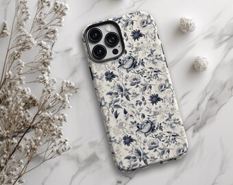 Blue Floral Phone Case, Botanical, Retro Aesthetic, iPhone, Samsung Galaxy, Pixel