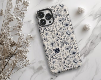 Blue Floral Phone Case, Botanical, Retro Aesthetic, iPhone, Samsung Galaxy, Pixel