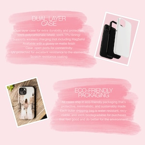 A pink background with 2 images of iPhone cases. 1 is of the phone with the case layers and 1 is on a wood background. 2 pink watercolor paintbrush strokes feature information about the listing which can be found in the item’s description