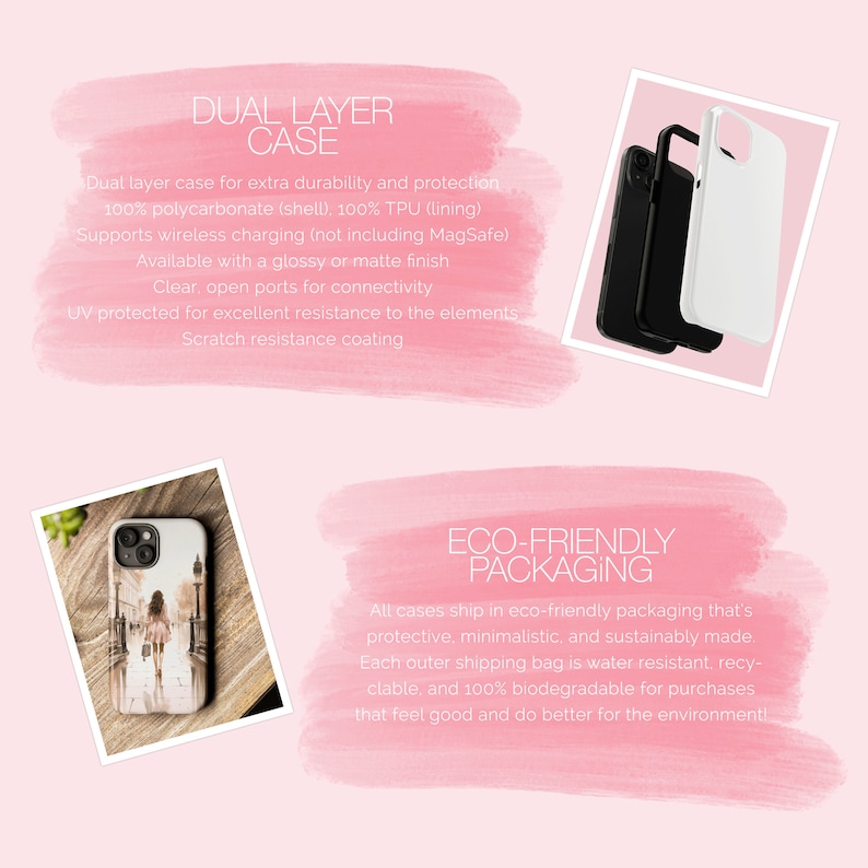 A pink background with 2 images of iPhone cases. 1 is of the phone with the case layers and 1 is on a wood background. 2 pink watercolor paintbrush strokes feature information about the listing which can be found in the item’s description