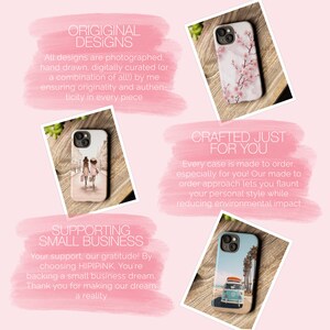 A pink background with 3 images of iPhone cases on a wood background. 3 pink watercolor paintbrush strokes feature information about the listing which can be found in the item’s description