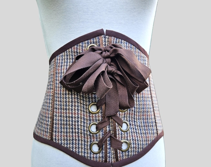 Brown Plaid Corset Belt: Deadstock Wool, Handmade Vintage Style - XL