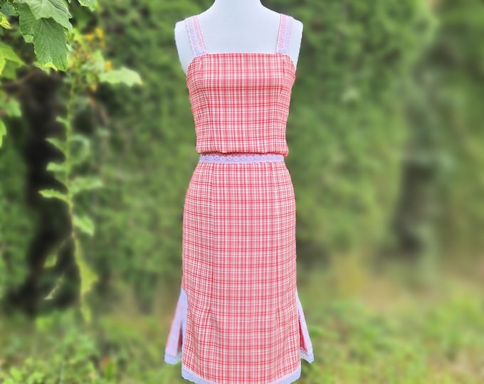 Plaid Skirt Top Set: Handmade with Deadstock Fabric, Vintage Inspired - Size 8