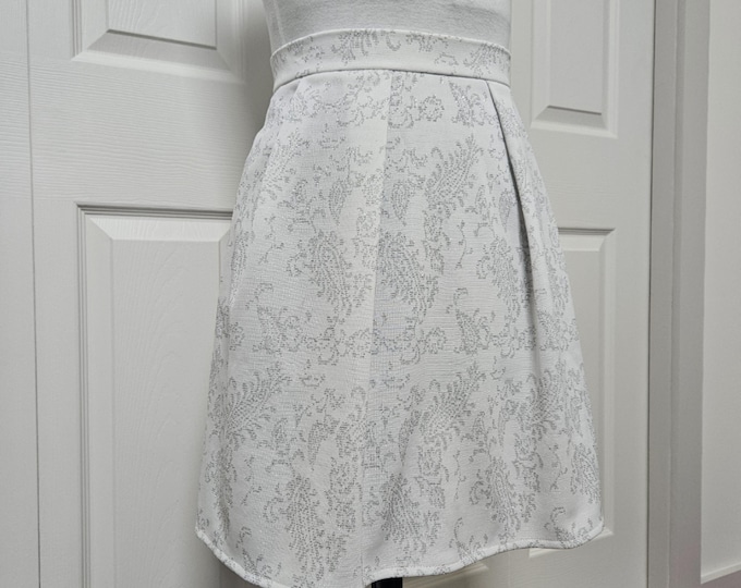White Pleated Skirt with Silver Embroidery: Handmade from Deadstock Fabric - Sz L