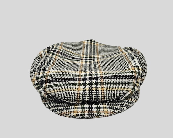 Plaid Flat Cap: Deadstock Wool Fabric, Handmade Vintage Style- Size M