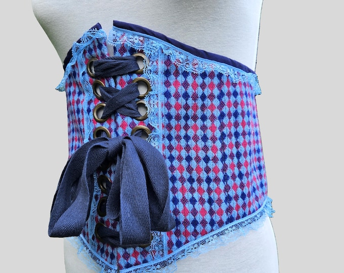 Blue Corset Belt: Handmade with Deadstock Fabric - Vintage Inspired - Sz XXL