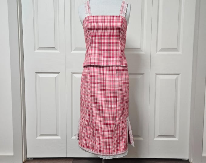 Plaid Skirt & Top Set: Handmade with Deadstock Fabric, Vintage Inspired - Size 8