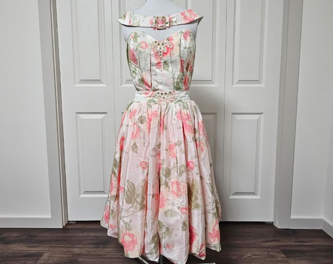 Floral Silk Taffeta Cocktail Dress: Handmade Vintage Inspired Gown, Size 10