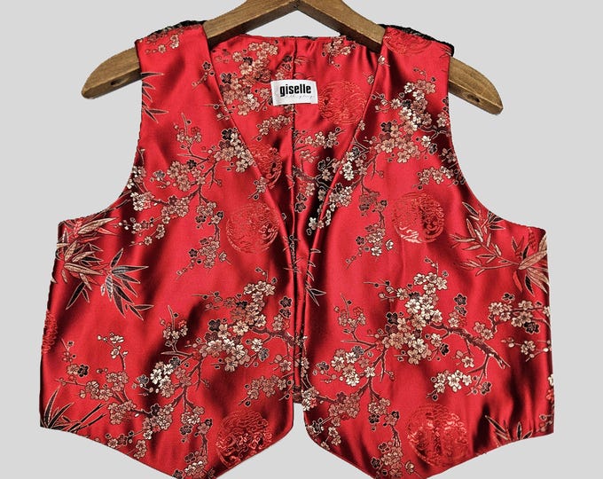 Red Satin Floral Vest: Handmade from Deadstock Fabric - One of One - O/S