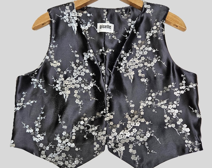 Black Satin Floral Vest: Handmade from Deadstock Fabric - One of One - O/S