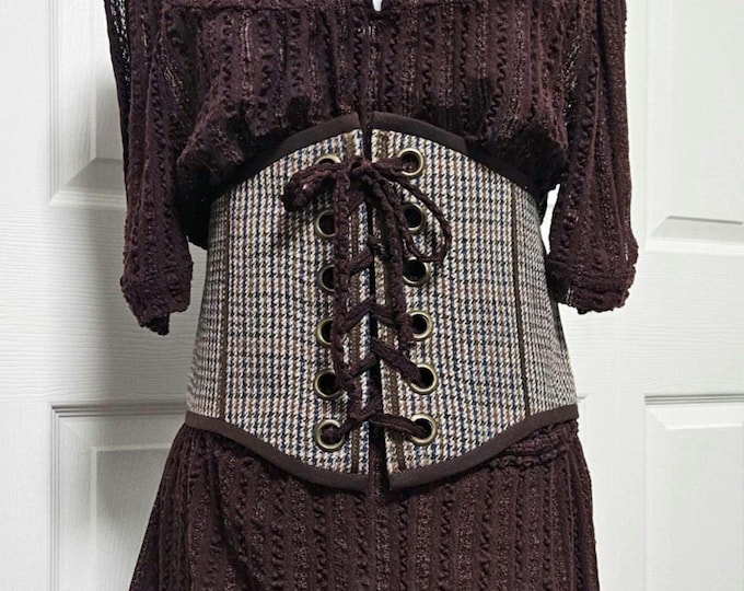Brown Plaid Corset Belt: Deadstock Wool, Handmade Vintage Style, XL