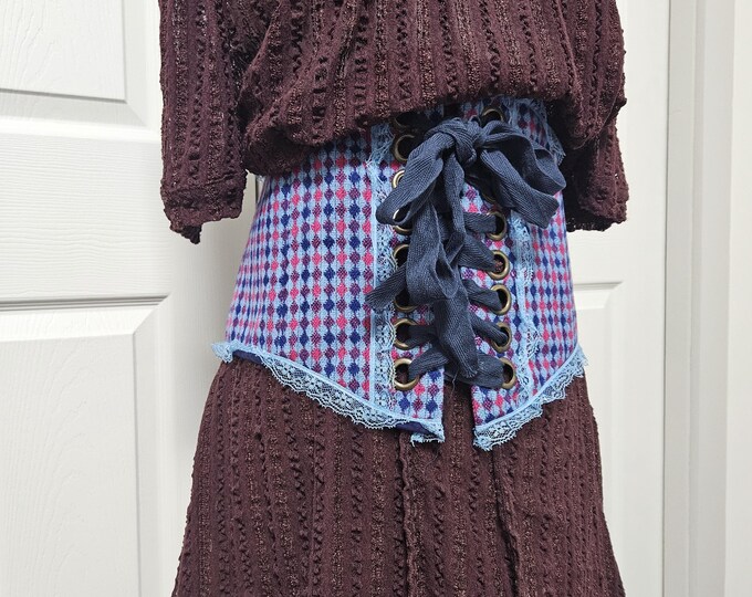 Blue Corset Belt: Handmade with Deadstock Fabric - Vintage Inspired - Sz XXL