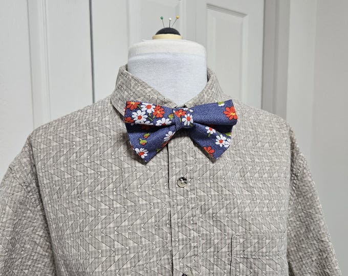 Blue Floral Bowtie: Handmade with Deadstock Fabric - One of a Kind