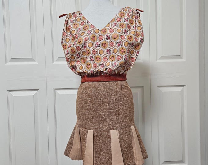 Peach Floral Top and Skirt Set: Handmade Deadstock Fabric, Size 6