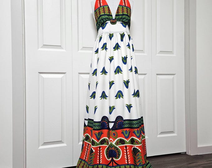 Retro Halter Maxi Dress: Handmade from Deadstock Fabric - Size M/L