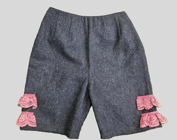 Black Wool Shorts with Pink Lace: Handmade, Vintage Inspired - Sz 2/4