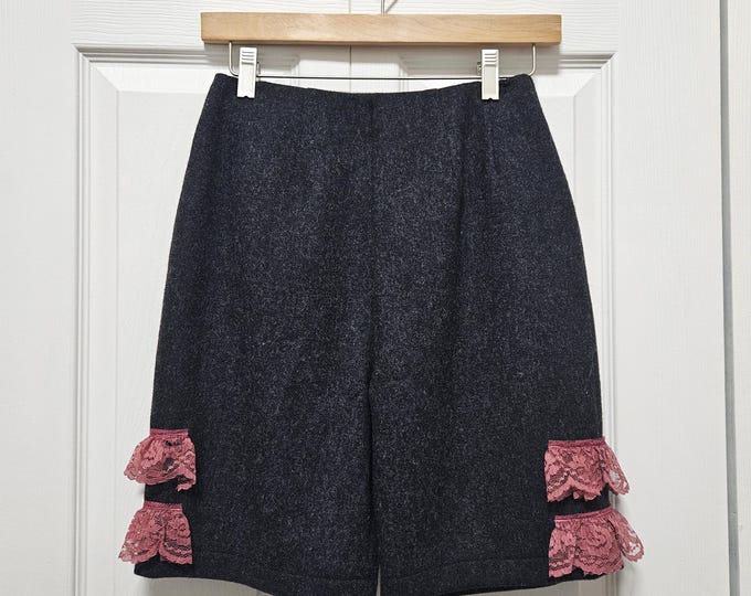 Black Wool Shorts with Pink Lace: Handmade, Vintage Inspired - Sz 2/4
