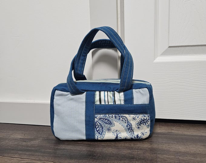 Blue Patchwork Handbag: Handmade from Deadstock Fabric - One of a Kind