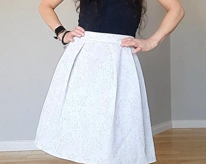 White Skirt with Silver Embroidery: One of One - Handmade from Deadstock Fabric - Sz L